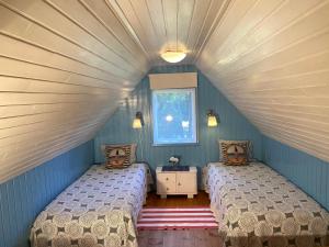 2 Betten in einem Zimmer mit blauen Wänden in der Unterkunft Villa Hanson in Noarootsi
