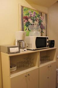 a microwave sitting on top of a shelf at Nevsky 105 Hotel in Saint Petersburg