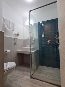 a bathroom with a shower and a toilet and a sink at Turquoise Boutique in Mamaia Sat/Năvodari
