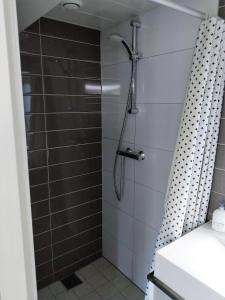 a bathroom with a shower with a shower curtain at Tuinverblijf Lauwersmeer in Anjum