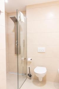 a bathroom with a toilet and a glass shower stall at Luxury rooms ''Seven'' in Split