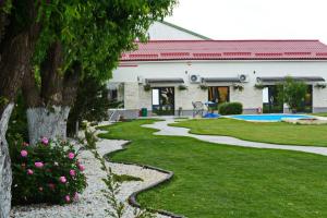 un jardin avec une passerelle en pierre et une piscine dans l'établissement Neferprod Apartments - IS - CAM 07, à Timişoara