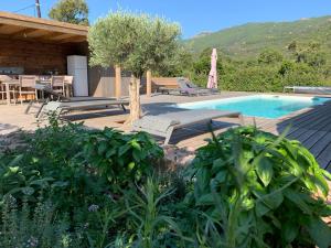Un complejo con piscina, mesa y sillas. en Casa Fiumu Oso, en San-Gavino-di-Carbini