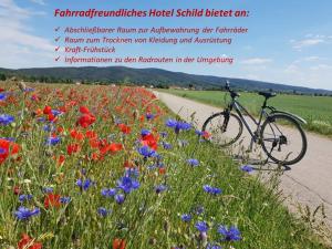 a bicycle parked on the side of a road next to flowers at Hotel Schild in Vienna