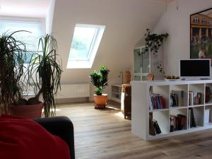 a living room with potted plants and a tv at Ferienwohnung auf der Baar in Bad Dürrheim