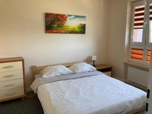 een slaapkamer met een bed en een schilderij aan de muur bij Apartament al. Solidarności in Białystok