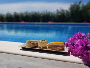 a piece of cake on a plate next to a pool at Apartmani Djurovic in Dobra Voda