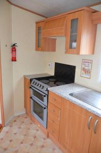 a kitchen with a stove and a sink in it at Mobilheim Loučná nad Desnou in Loučná nad Desnou