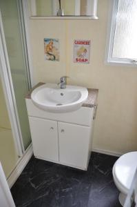a bathroom with a white sink and a toilet at Mobilheim Loučná nad Desnou in Loučná nad Desnou