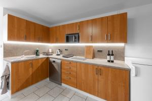 a kitchen with wooden cabinets and a sink at Vinařství Kratochvíla in Pasohlávky +3 photos