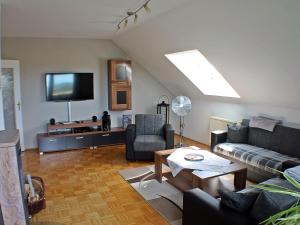 uma sala de estar com um sofá e uma televisão em Ferienwohnung Arnold Laubbach em Ostrach