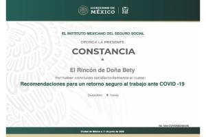 El Rincón de Doña Bety tesisinde sergilenen bir sertifika, ödül, işaret veya başka bir belge