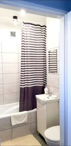 W łazience znajduje się umywalka, toaleta i prysznic. w obiekcie Coco Christina 1 w Warszawie