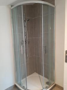 una doccia con porte in vetro in bagno di Studio équipé indépendant chaleureux lumineux a Saubens