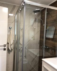 W łazience znajduje się prysznic ze szklanymi drzwiami. w obiekcie Apartmani Šarović w mieście Tjentište