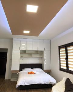 ein Schlafzimmer mit weißen Schränken und einem großen Bett in der Unterkunft Apartmani Šarović in Tjentište