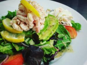 un plato blanco con ensalada con camarones. en The Dog & Crook, en Romsey