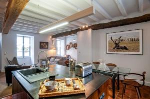 a living room with a kitchen with a sink and a counter at Domaine de Poulaines près Valençay Val de Loire Berry in Poulaines