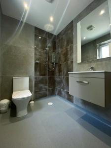 a bathroom with a toilet and a sink and a mirror at Mayfair Suite Sasco Apartments in Blackpool