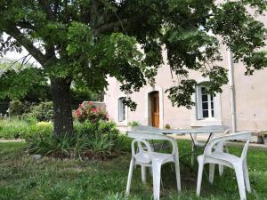uma mesa e duas cadeiras debaixo de uma árvore em frente a uma casa em Domaine Saint-Louis em Carcassonne