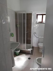 a bathroom with a shower and a toilet and a sink at Hotel Eira Da Pedra in Vila Nova de Milfontes