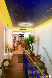 eine Lobby mit einer Treppe mit Pflanzen und einer Sternendecke in der Unterkunft Gasthof Hotel Anker in Sommerhausen