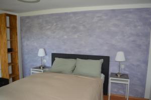 ein Schlafzimmer mit einem Bett und zwei Tischen mit Lampen in der Unterkunft Ferienhaus Grafenland in Dersum