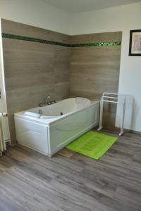 a bath tub in a bathroom with a green rug at Gîte La grave haute sud in Mauzac-et-Grand-Castang