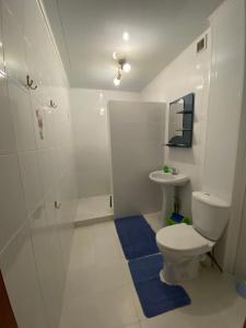 a bathroom with a toilet and a shower and a sink at Hotel Astam in Kostanay +73 photos
