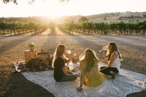 un grupo de mujeres sentadas en una manta con copas de vino en Geneseo Inn, en Paso Robles