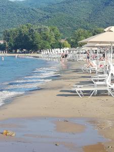 a beach with white chairs and umbrellas and the ocean at Mare Beach Apartments in Stavros