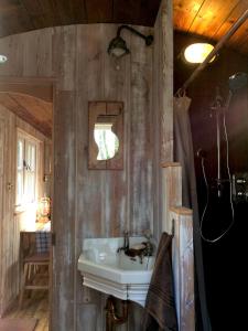 a bathroom with a sink in a wooden wall at Black Mountain BreakAway in Llangadog