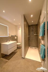 a bathroom with a sink and a shower and a toilet at Ferienloft am Steinweg in Elbingerode