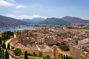 an aerial view of a city and a river at CARTAGENAFLATS, Apartamentos Anfiteatro Romano 2B in Cartagena