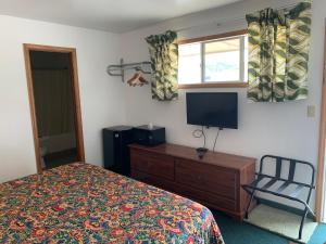 Un dormitorio con una cama, un televisor y una silla. en Budget Lodge Inn - Abilene, en Abilene