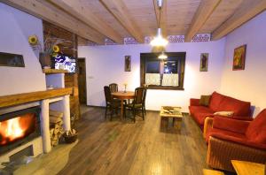 a living room with a couch and a fireplace at Wiejski Dworek in Solina