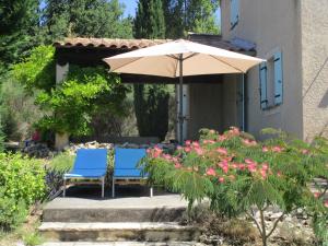 セーニョンにあるSerena Villa in Saignon with Private Swimming Poolの庭園内の青い椅子2脚とパラソル1本