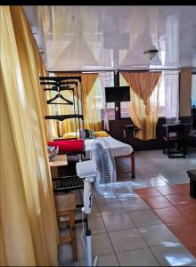 a bedroom with a bed and a fan in a room at Villa De Los Monos in Matapalo