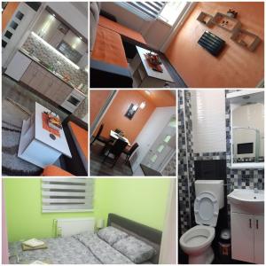 eine Collage mit Bildern eines Badezimmers und eines Zimmers in der Unterkunft Apartman HEDONIJA in Nova Varoš