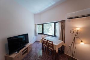 een woonkamer met een tafel met stoelen en een televisie bij Luxury Apartment in Plaka - Acropolis (Rosemary) in Athene
