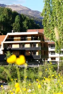 a building with yellow flowers in front of it at C(h)illas Appartements in Kappl