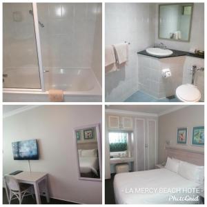 four pictures of a bathroom with a bed and a shower at La Mercy Beach Hotel in La Mercy