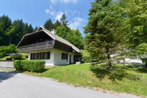 ein weißes Haus mit einem schwarzen Dach in der Unterkunft Holiday Home Davča in Cerkno