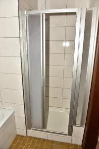 een douche met een glazen deur in de badkamer bij Ferienwohnung Isabell in Ebensee