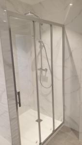 La salle de bains est pourvue d'une douche avec une porte en verre. dans l'établissement Appartement IRE, à Sévrier