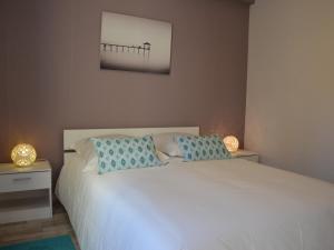 ヴァンヌにあるCharmant T2 Port de Vannesのベッドルーム1室(青い枕2つ付きのベッド1台付)