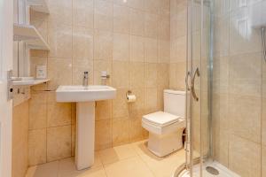 a bathroom with a toilet and a sink and a shower at Guest Homes - Trinity Flat in Worcester