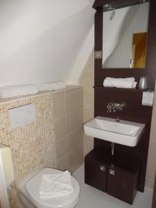 a bathroom with a sink and a toilet at Hôtel La Champagne Ardenne Cabourg in Cabourg
