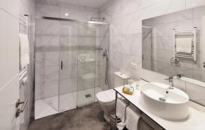 a bathroom with a shower and a sink and a toilet at Hotel Apartamentos Dabarca in Pontevedra