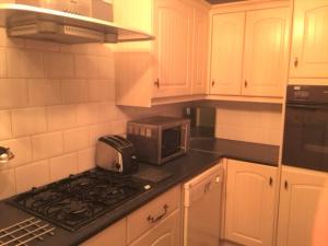een keuken met een magnetron en een fornuis top oven bij The Clacks Rustic Abode in Tillicoultry